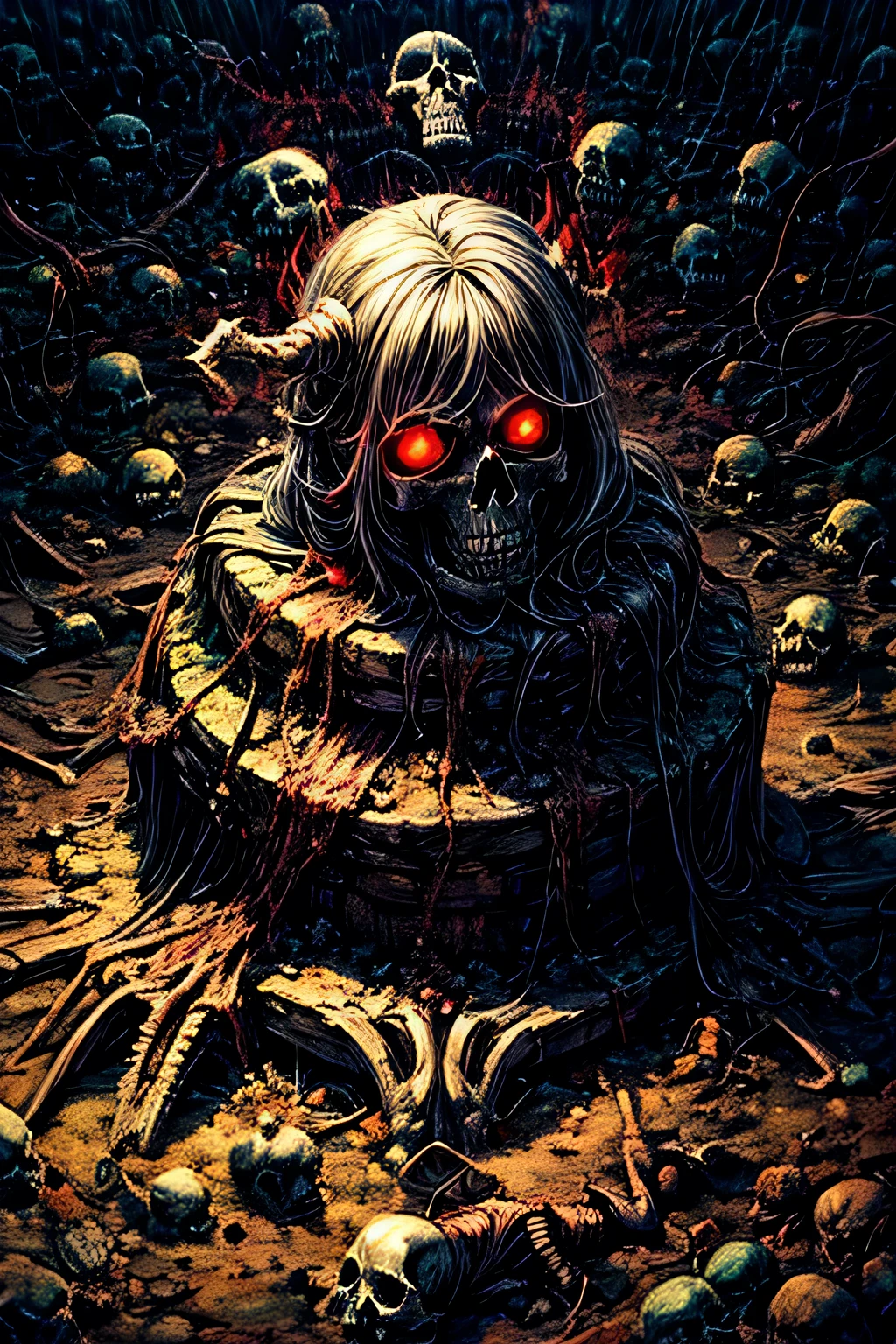 {worst quality, low quality}, Realistic illustration, muste piece, best quality, Super detailed, masterpiece, hell background, darkness, hellfire, skull, skeleton, Many corpses, cruel remains of bones, piles of bones covering the earth, Fear from the depths of the soul, Fantastical nightmares, Geometric illusions, Madness Insanity devil, Dreams of the deceased, Silhouette of a girl hanging out,