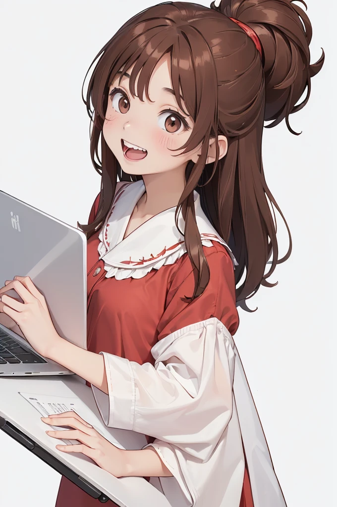 (((White wall background)))、(((8K、Best image quality)))、(((I have a laptop)))、(((Brown Hair)))、(((Long Hair)))、(((wearing a red blouse)))、(((Laughter)))、(((Teeth are visible)))、(((Are standing)))、(((I'Wearing a small watch)))、(((I have a mobile phone)))、(((Bust Shot)))、(((View smartphone)))