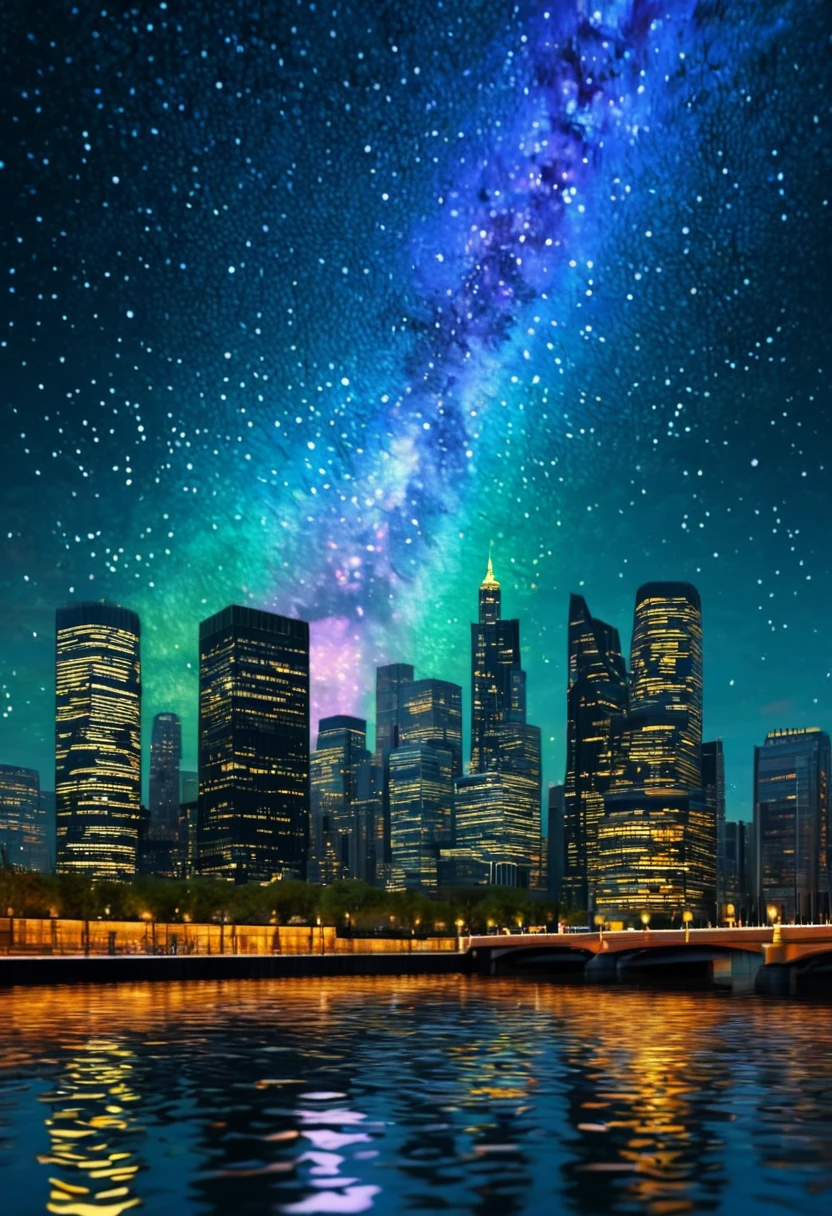 Of course,The following is a set of**Key words**:**describe**AI prompt words in the form,你可以直接Use these prompt words来引导AI创作:
**theme**:**现代城市夜景与梵高Starry Sky的融合**
**style**:**Post-Impressionism,Van Gogh-style brushstrokes**
**Color scheme**:
- **Main colors**:**Dark blue night sky and bright yellow lights**
- **Secondary color**:**Soft purple and dreamy pink**
- **Accent color**:**Vibrant green and warm orange**
**Composition**:
- **background**:**Rotating nebula and flowing starlight**
- **prospect**:**Skyscrapers**
**Light and shadow effects**:
- **Light and shadow contrast**:**vehement,Lights flickering**
- **reflection**:**Water surface light spots and glass curtain wall halo**
**theme变化**:
- **Combination of nature and modernity**:**Starry Sky与城市灯光交织**
- **The rhythm of life**:**Fast pace and tranquility coexist**
**Modern elements**:
- **LED screen**:**Dynamics and Artworks**
- **Drones**:**Light spot trails in the sky**
- **modern sculpture**:**Contrast with natural landscape**
**Emotional expression**:
- **Complex emotions**:**excited、、hope、dream**
- **Peaceful exploration**:**Peace and self-discovery amidst the hustle and bustle**
Use these prompt words,AI can create a painting that combines Van Gogh《Starry Sky》style与现代城市特色的画作。