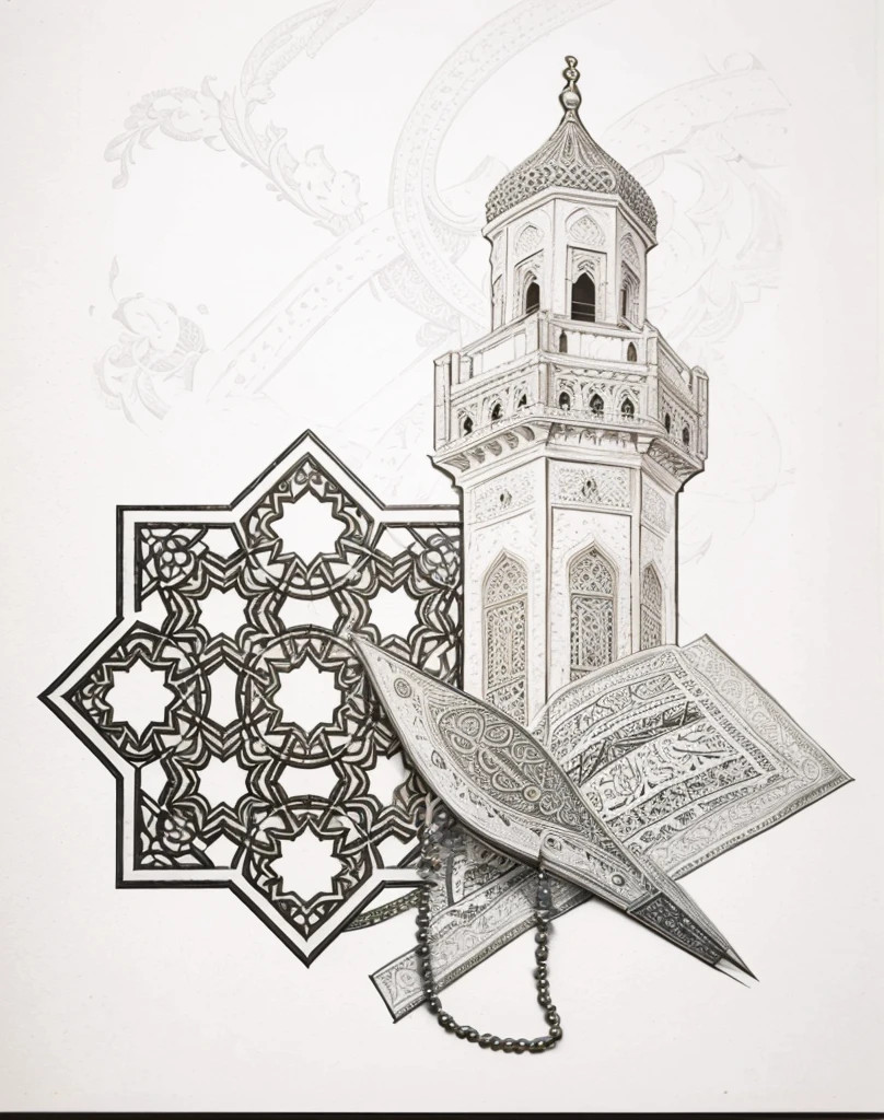 a sketch of a mosque with a quran and  rosary detailed intricate illustration, highly detailed vector art, engraved vector, intricate detailed illustration, elaborate illustration, highly detailed illustration, intricate details illustration, beautiful detailed illustration, detailed vectorart, islamic architecture, detailed vector, elaborate ink illustration, sketch illustration, high quality sketch art, ultra detailed intricate ornate, ultra detailed illustration