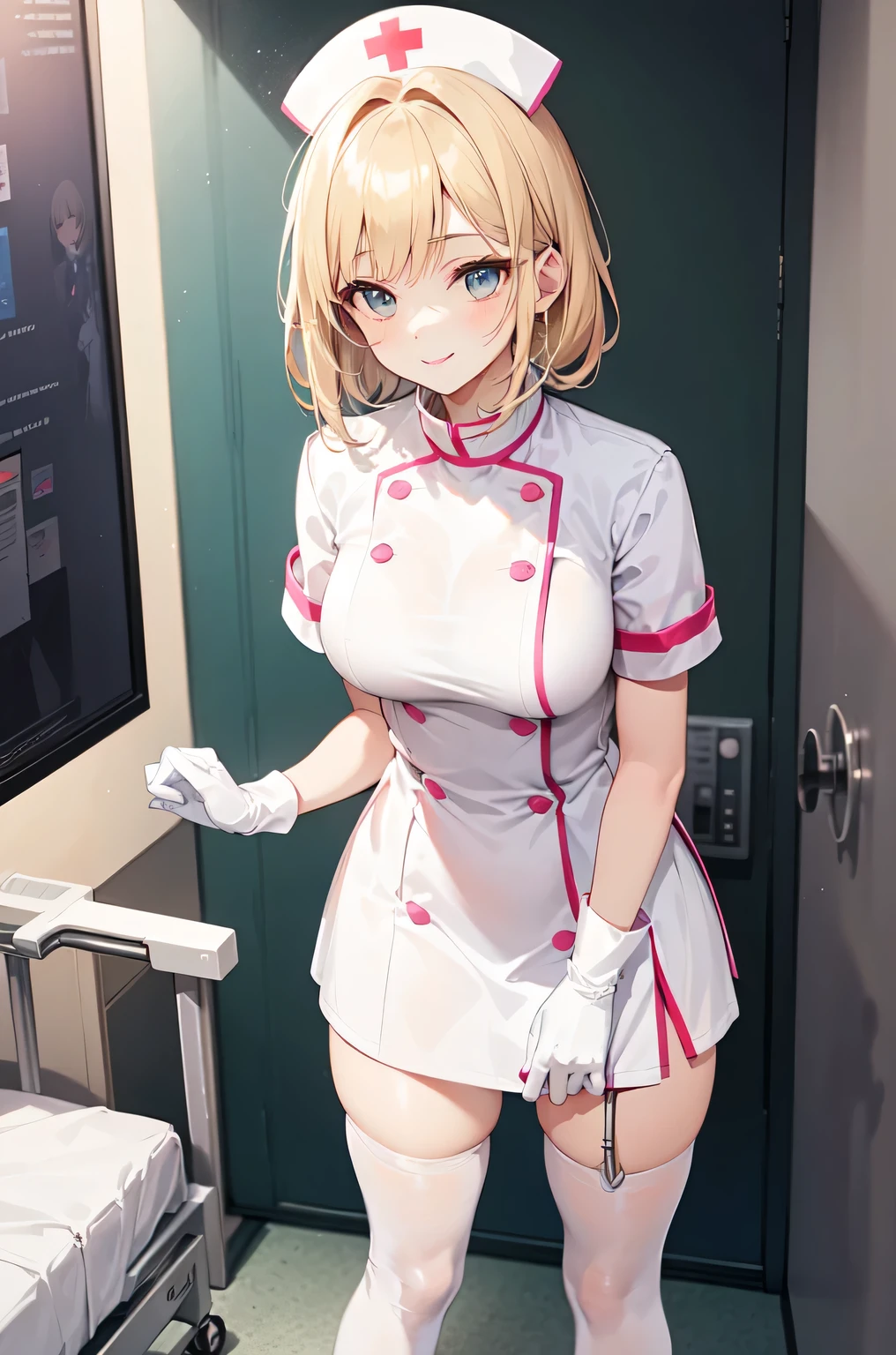 1woman, solo, nurse, white nurse cap, white nurse uniform, ((white legwear, zettai ryouiki)), white gloves, blonde hair, blue eyes, pink lips, smile, standing, ((hospital room)), sharp outline, short sleeves, mature female, 35 years old, best quality, masterpiece