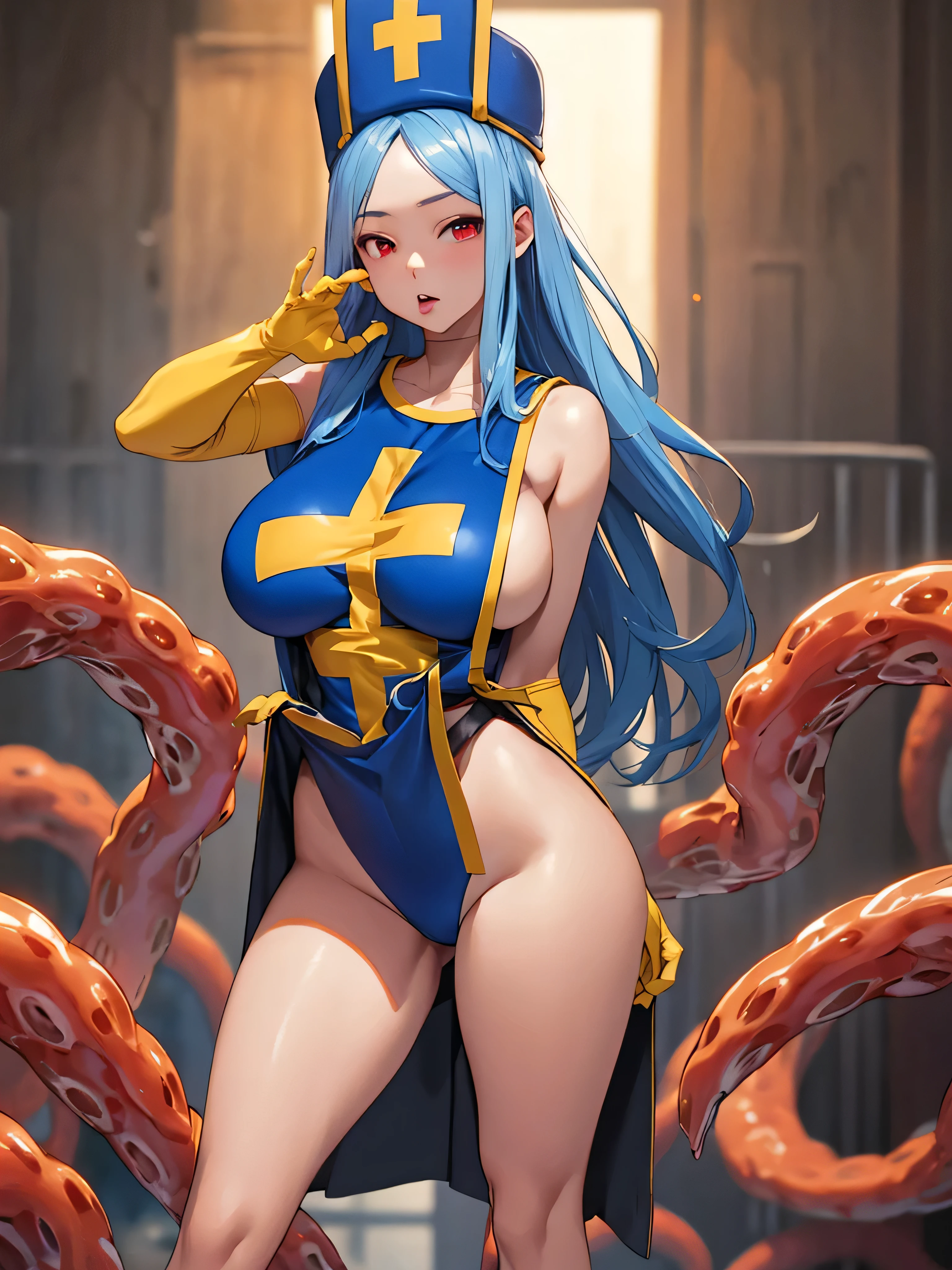 masterpiece,Highest quality, Unreal Engine, Super Resolution, Very detailed,
1 Girl, Waist, thin, (Muscular:0.8)
Round Breasts, Big Breasts, Bold,  Part your lips, Observe the audience,
Are standing, sexy pose
Waist shot,Tentacles entangled in chest,Spread your legs,
Simple background anime style, Key Visual,
 Light blue hair, Red eyes, Long-haired monk \(dq3\)
,,Tabard Elbow Gloves((Spread your legs上げる:1.3))