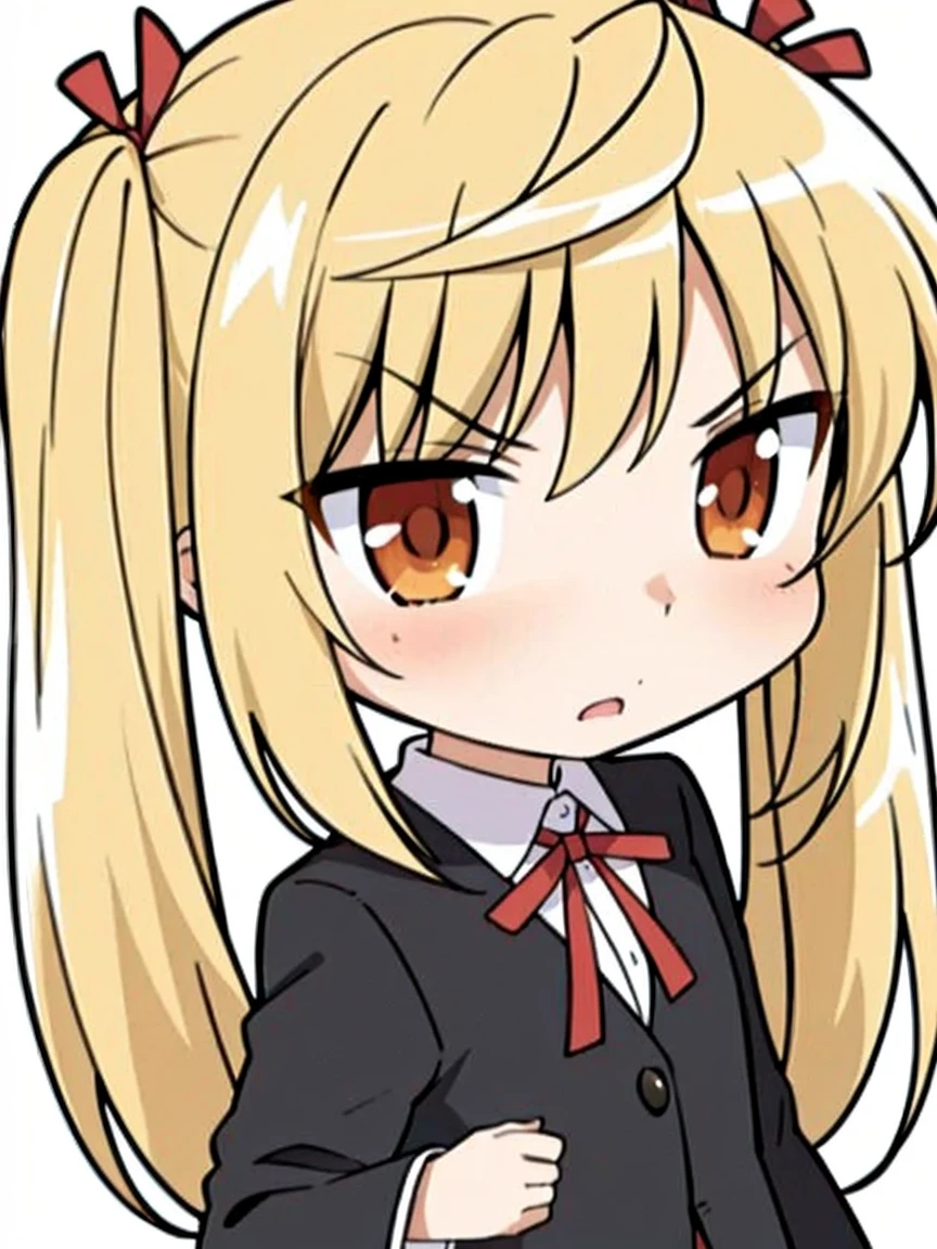 solo,1 girl,long hair ,blonde hair，portrait,twintail,sawachika eri, twintails, long hair, blonde hair, brown eyes, hair ribbon，chibi,cute,angry, hair ribbon,school uniform, red pleated skirt