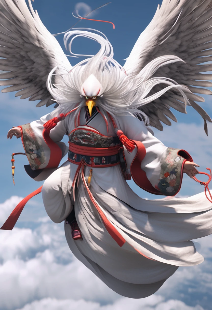 (Highest quality,4K,8K,High resolution,masterpiece:1.2), Super detailed, (Realistic,photoRealistic,photo-Realistic:1.37),An intimidating and terrifying space tengu, height is 3 meters, Long white hair, Angelic white wings, Dressed in monk's robes, top-heavy, Aggressive and ruthless.Dark Imagery