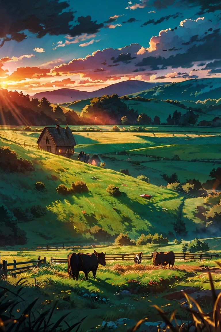 Herd of rustic dairy cows peacefully grazing in an idyllic pasture, sun-dappled vegetation with beams of light filtering through billowing clouds casting long dramatic shadows across the rolling terrain, an aged but sturdy split-rail fence framing and leading the eye toward a classic red barn with a silo in perfect golden hour lighting