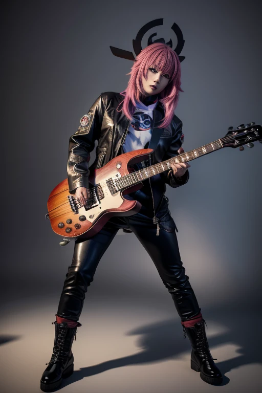 Yaya Myko Genshin, in leather clothes, in a windbreaker, leather jacket, in ankle boots, Goth, rocker in all black stylish rocker art 3D realistic Yaya Miko in a halo with a guitar