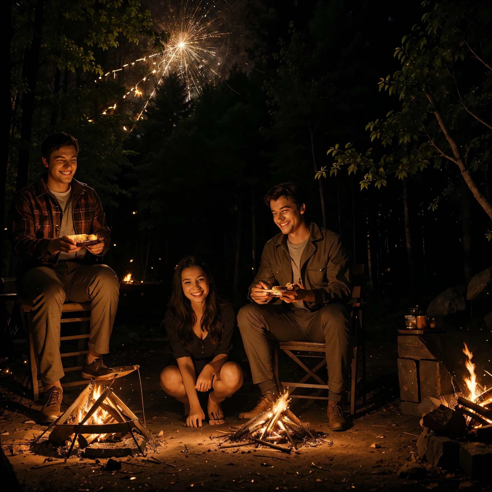 A man and a woman are sitting by a campfire in the forest at night. The atmosphere feels romantic, with a cat sitting beside the woman. Both of their faces reflect happiness under the countless twinkling stars in the sky. The man hands the woman some freshly grilled food from the campfire, and she smiles happily.