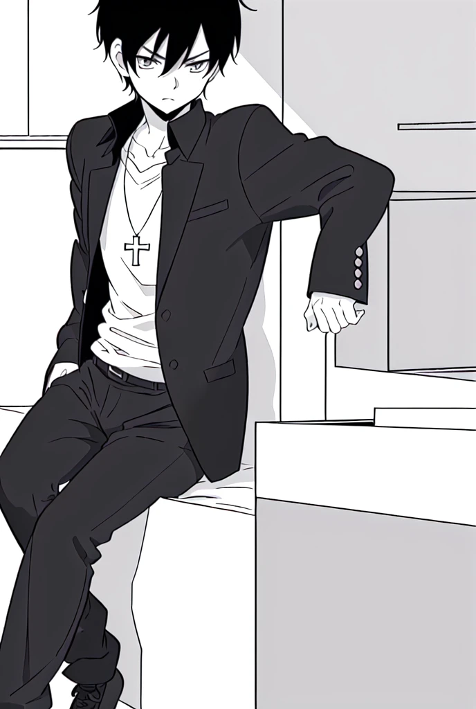(((manga page, blank page layout))), empty manga panels, panels, dynamic lines, webcomic, manga page, blank page, manga layout, panels, manga panels, page layout, thick lines, sharp lines, high contrast, clean lines, angles, geometry, monochrome (((white boxes with black borders))) 
character: a boy with black hair, eyes, a white shirt with a graphic design, over the shirt he wears a black jacket, black pants, black sneakers with white laces, around his neck a black necklace with a silver cross pendant.
first vignette: the boy is lying on his bed in his room with a bored expression, it is night.
second vignette: the boy gets out of his bed
third vignette: he leaves his room heading down the stairs.
fourth vignette: with a confused expression he realizes that his house is alone and dark.