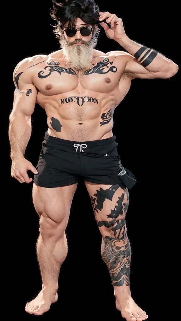 A muscular full body man, strong shirtless, with black shorts, with beard and short black hair, with black glasses and tattoos on the body