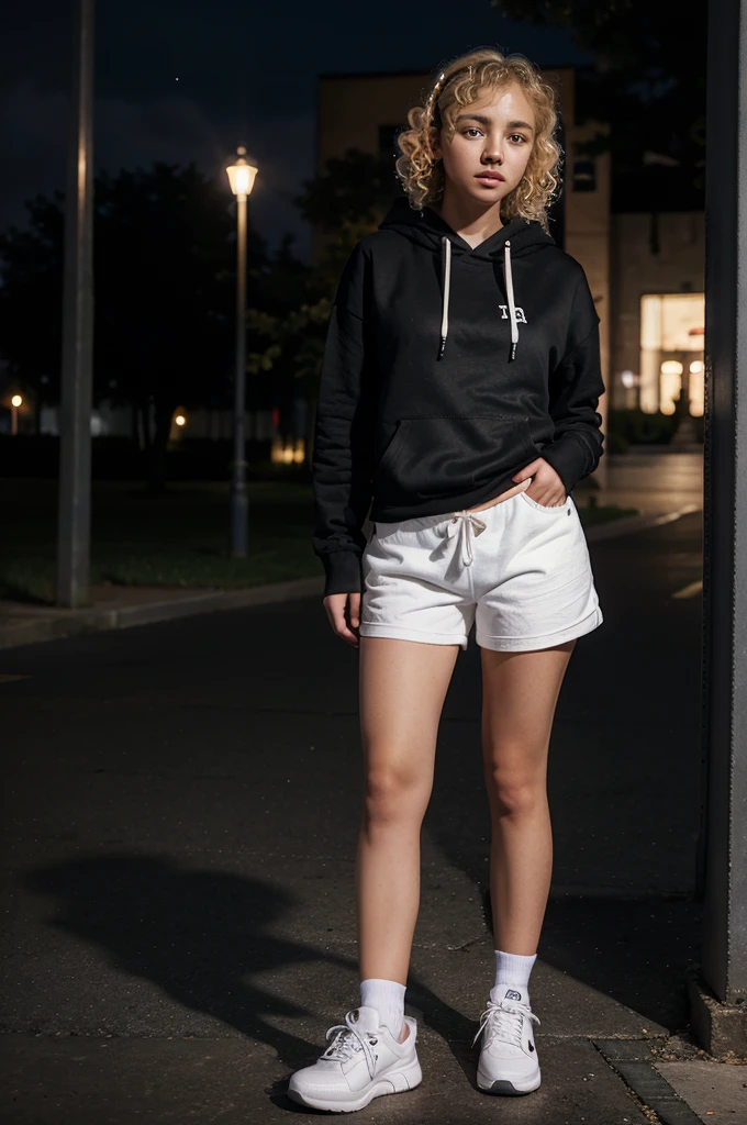 A daughter, Blond curly hair,
Wear a Bluetooth headset in your ear,
Wearing a black hoodie, wearing shorts, wearing white shoes,
Night background.