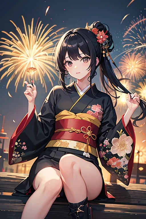 ((sexy cute mini kimono and elegant beautiful white laced panties)),
Full body,Looking back,♥(Japanese beautiful flower printed kimono,yukata),((1girl,cute,young,semi long beautiful black hair,blunt bangs,twin tales,beautiful eyes)),(solo),((masterpiece, highest resolution,best quality)), (beautiful illustration),(Japanese beautiful flower printed kimono,yukata),sitting on the beach bench,waves,fireworks,night sky,full moon,shooting star,(innocent cute laugh,teeth),