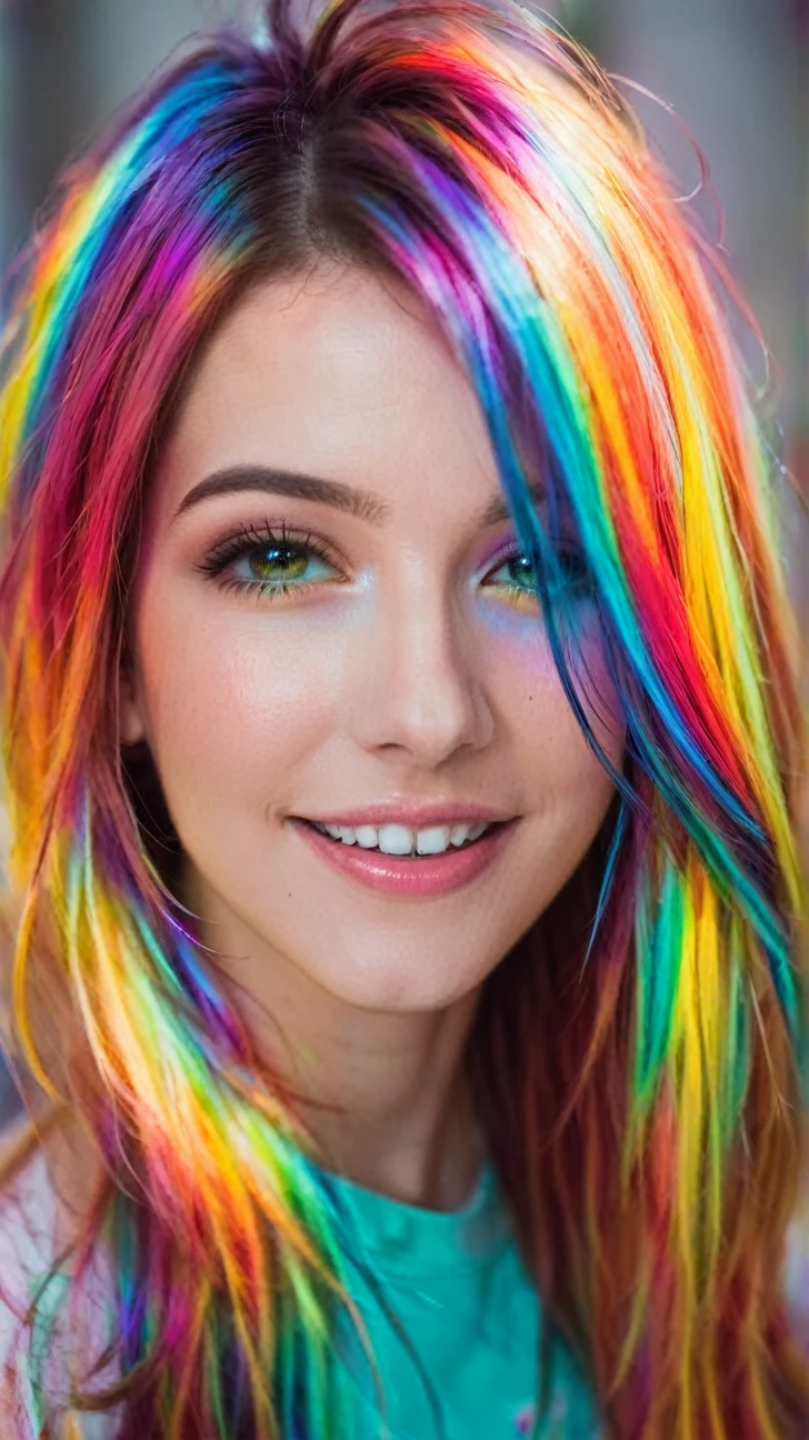 a woman with a colorful rainbow haircolor, smiling, blured background