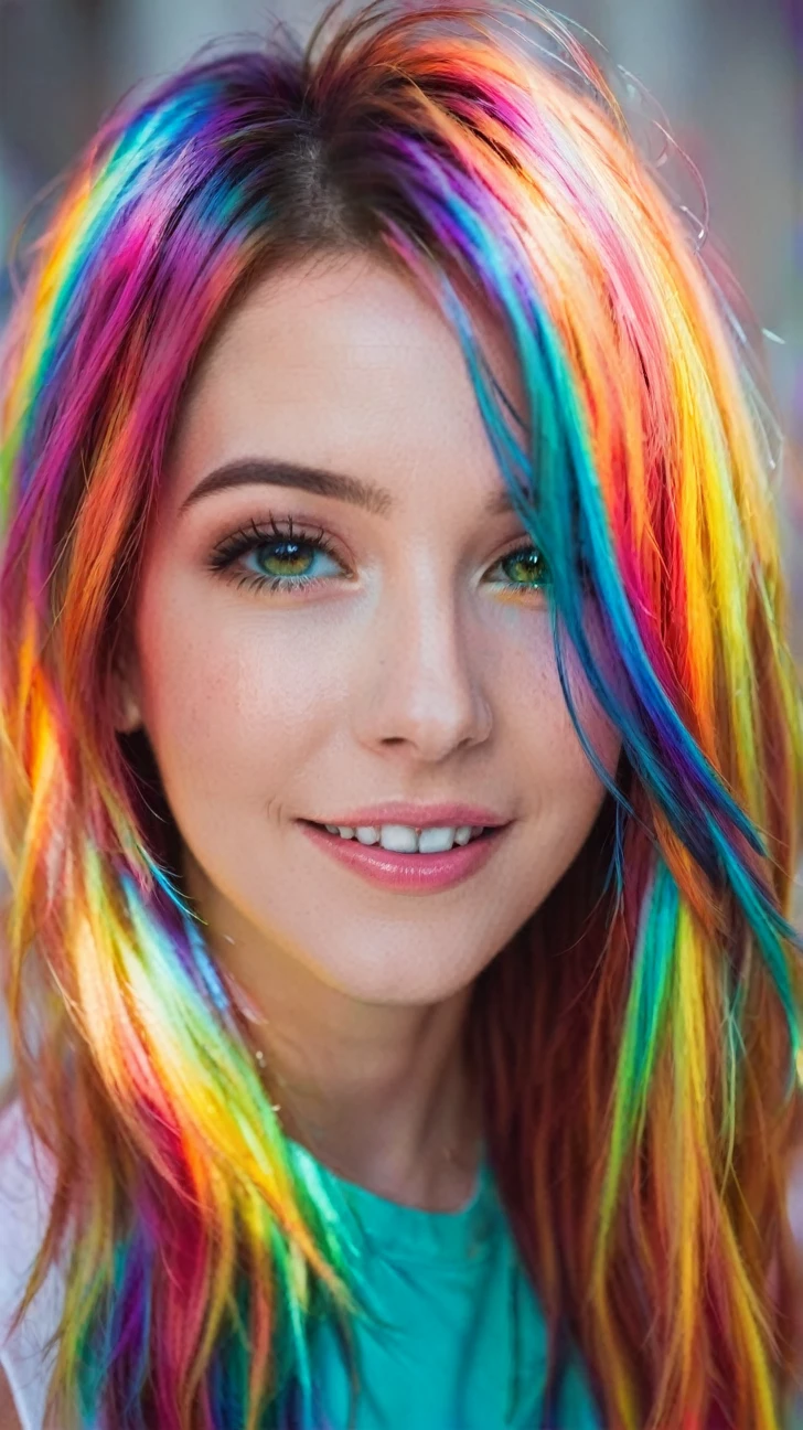 a woman with a colorful rainbow haircolor, smiling, blured background