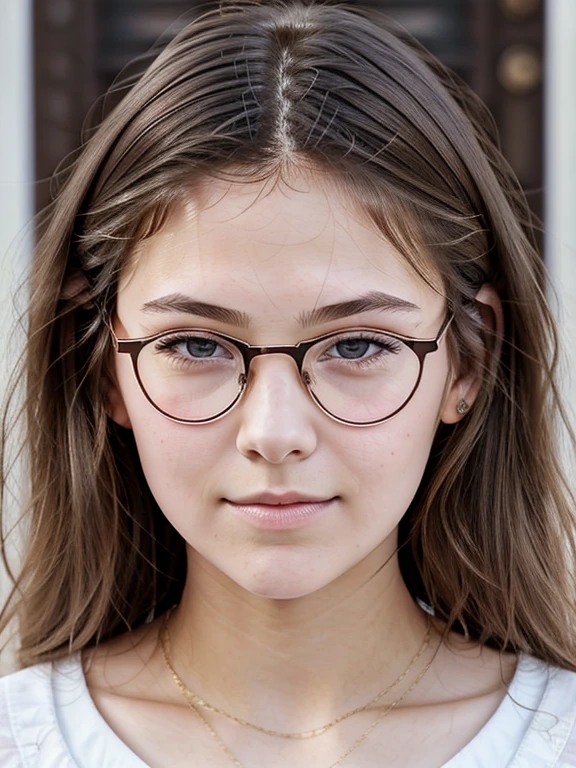 (masterpiece, Best quality:1.2), 1 girl 16 years old, One, Russian girl with aesthetic small breasts with beautiful erect pale pink nipples, round face, round cheeks, small round chin, beautiful proportional small wide nose, Plump lips, closed mouth, expressive brown eyes, Long eyelashes, glasses with lenses, tousled dark brown tousled slightly wavy medium length hair, plain cotton racer top, absolutely no bra, upper body photo portrait, high quality human skin textures, Beautiful face, perfect ???????, realistic textures 