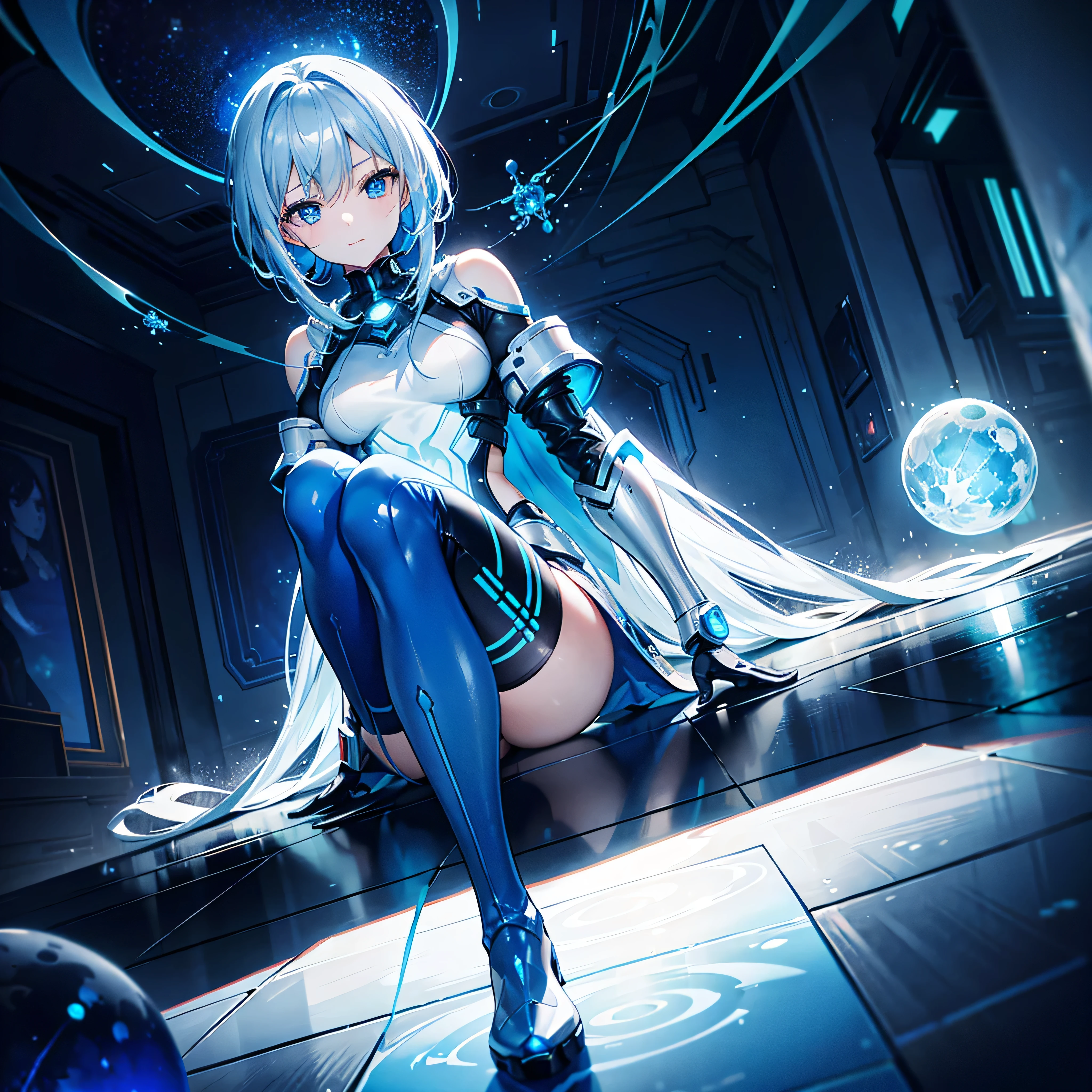 8K, Highest quality, (real:1.4), Original photo, 1 girl, Asari Hair, Biological Amplifier, Very sleek and futuristic armor, posture: Peace talks between warring factions,,attention arousal, smart blue eyes,A modest smile,Knee-high boots,Patent-look blue tights,Blue big moon and blue light swirl in the background,Blue light from behind,blue light magic,A small, glowing blue ball in the palm of your hand,Blue flame swirl,Blue Comet,Polished floor,