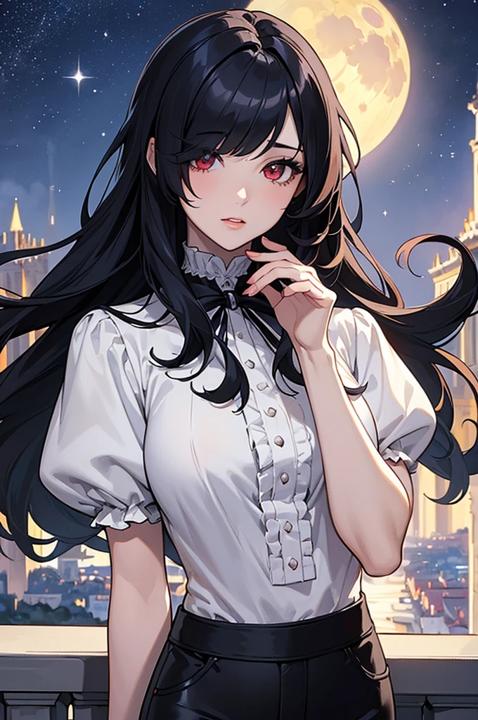 (Super detailed:1.3), ((((best quality)))), ((masterpiece)), female focus, solo,hotify, stunning beauty, powerful glow, detailed face, detailed eyes, detailed lips,castle balcony background,(starry night sky),(blue moon),((black hair)),long hair,red eyes, (pale skin:1.2),melancholic expression,straight bangs,bangs covering forehead,almond-shaped eyes,very cute face,cowboy shot, (hair over one eye),(tight white blouse),(black pants),victorian era outfit