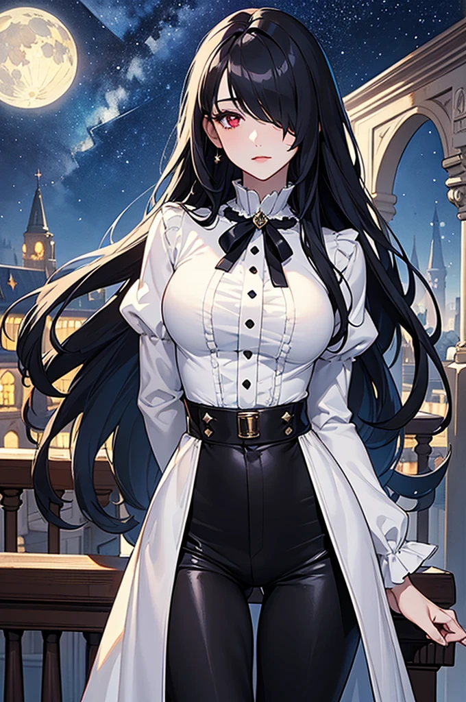 (Super detailed:1.3), ((((best quality)))), ((masterpiece)), female focus, solo,hotify, stunning beauty, powerful glow, detailed face, detailed eyes, detailed lips,castle balcony background,(starry night sky),(blue moon),((black hair)),long hair,red eyes, (pale skin:1.2),melancholic expression,straight bangs,bangs covering forehead,almond-shaped eyes,very cute face,cowboy shot, (hair over one eye),(tight white blouse),(black pants),victorian era outfit