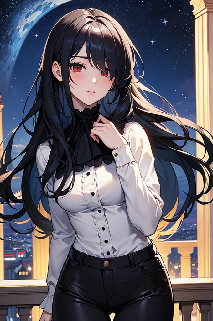 (Super detailed:1.3), ((((best quality)))), ((masterpiece)), female focus, solo,hotify, stunning beauty, powerful glow, detailed face, detailed eyes, detailed lips,castle balcony background,(starry night sky),(blue moon),((black hair)),long hair,red eyes, (pale skin:1.2),melancholic expression,straight bangs,bangs covering forehead,almond-shaped eyes,very cute face,cowboy shot, (hair over one eye),(tight white blouse),(black pants),victorian era outfit