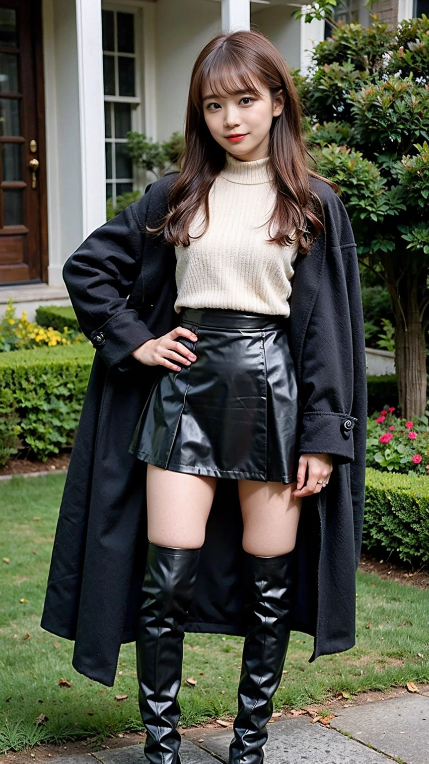 (8K、RAW Photos、Highest quality、masterpiece:1.2)、(Realistic、Realistic)、1 Girl、((Black coat、mini skirt、smile、Frills、one piece、whole body、See-through、boots、chest emphasis、whole body、garden、View from the front、Looking into the camera、Stand with hands on hips))、