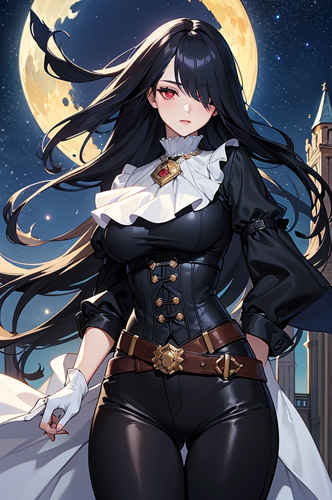 (finely detailed beautiful eyes: 1.2), (detailed  background,ダークファンタジー), (Beautiful Detailed Face), High contrast, (Best Lighting, extremely delicate and beautiful), ((cinematic light)), colourful, Hyperdetail, dramatic light, intricate details, (gloves, hairsbetweeneyes, jewelry, male focus, earrings, coat, ascot white ascot), swirling black light around the character, depth of field,black light particles,(broken glass), ((1girl, black hair, women, Large Breasts, blushing, makeup, eyes liner))