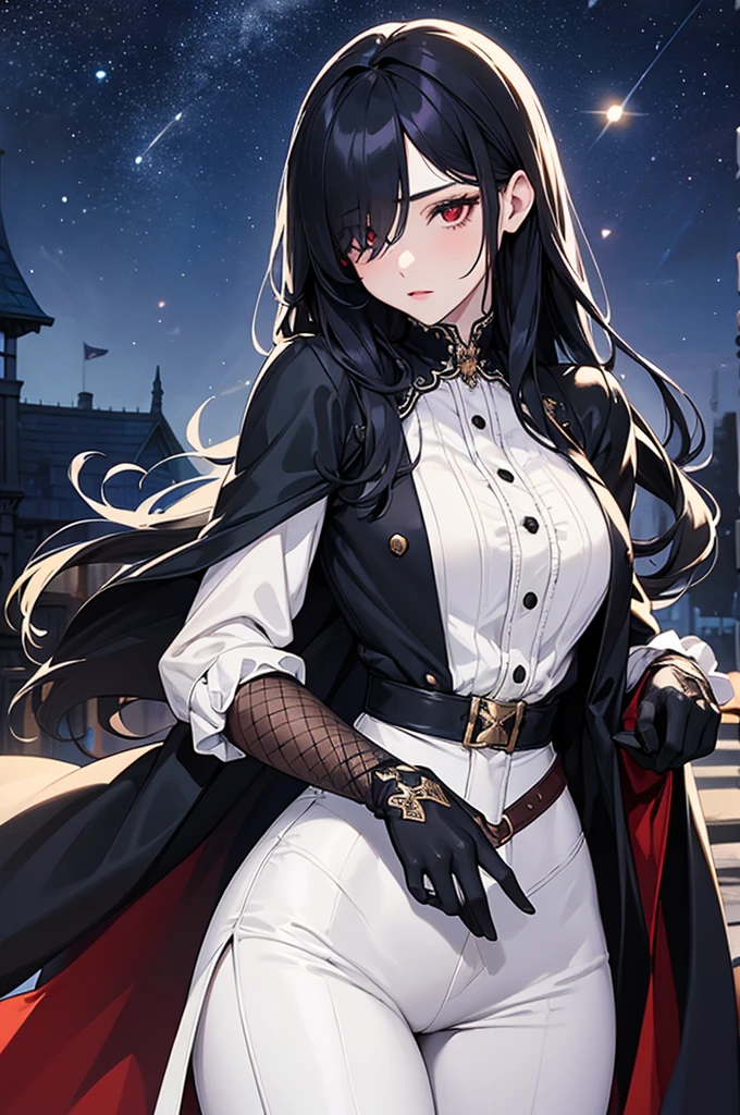 (Super detailed:1.3), ((((best quality)))), ((masterpiece)), female focus, solo,hotify, stunning beauty, powerful glow, detailed face, detailed eyes, detailed lips,castle balcony background,(starry night sky),(blue moon),((black hair)),long hair,red eyes, (pale skin:1.2),melancholic expression,straight bangs,bangs covering forehead,almond-shaped eyes,very cute face,cowboy shot, (hair over one eye),(tight white blouse),(black pants),fingerless gloves,victorian era outfit