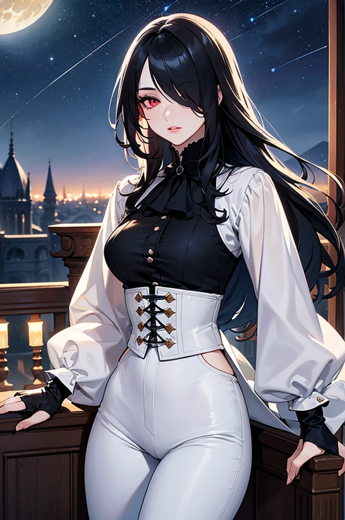 (Super detailed:1.3), ((((best quality)))), ((masterpiece)), female focus, solo,hotify, stunning beauty, powerful glow, detailed face, detailed eyes, detailed lips,castle balcony background,(starry night sky),(blue moon),((black hair)),long hair,red eyes, (pale skin:1.2),melancholic expression,straight bangs,bangs covering forehead,almond-shaped eyes,very cute face,cowboy shot, (hair over one eye),(tight white blouse),(black pants),fingerless gloves,victorian era outfit