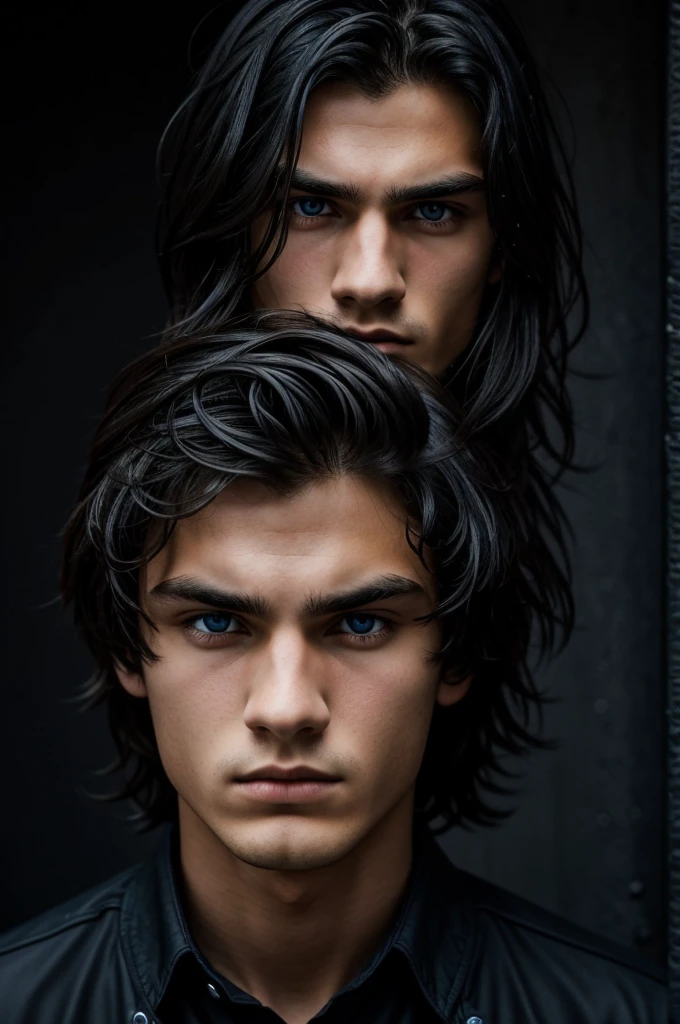 An attractive 18-year-old boy with not-so-long black hair and dark blue eyes like the sea.,while showing an intimidating and very serious look,with a black background that highlights your look and face