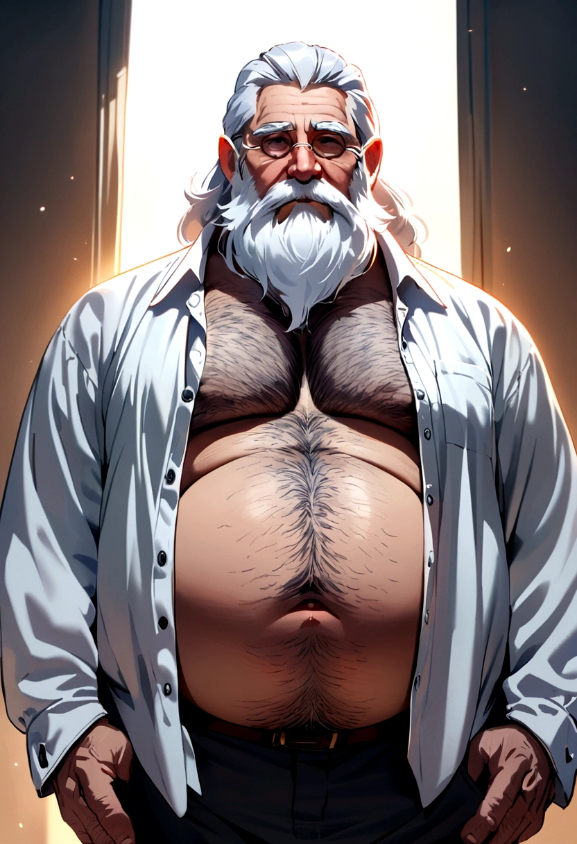 Old man with beard and white hair, wearing an unbuttoned shirt showing his hairy belly on his chest