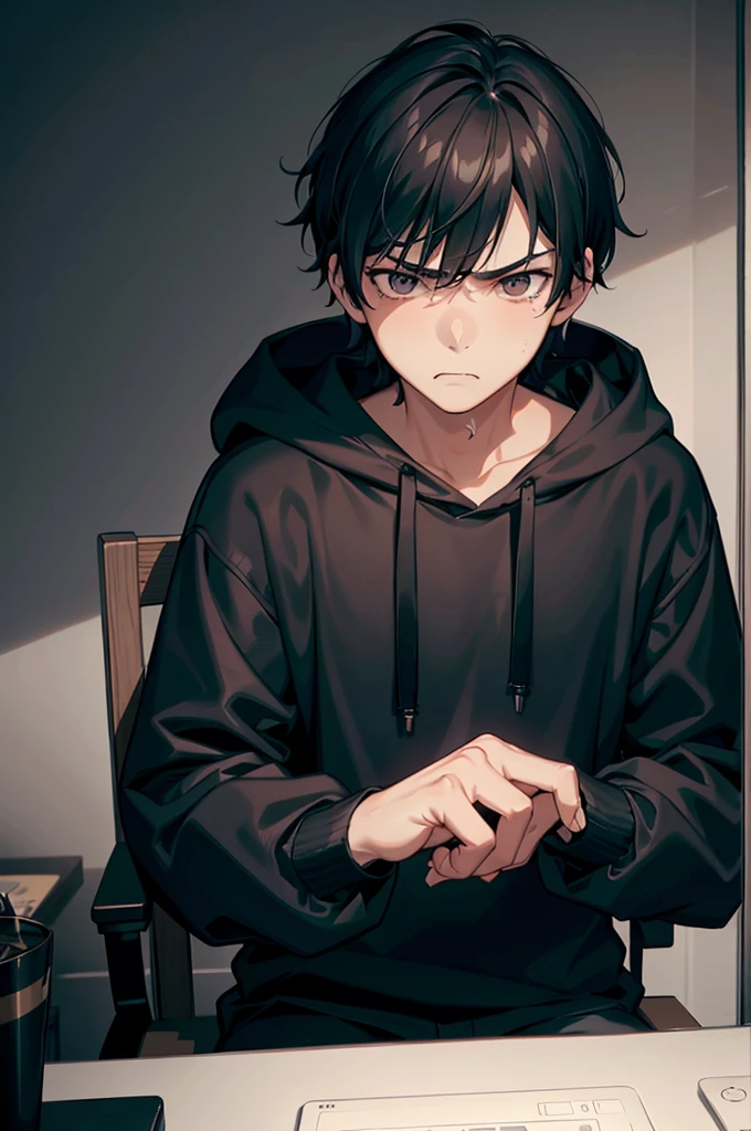 gloomy atmosphere, realistic rendering, 4K resolution, HDR enhancement, a boy, cute face, black hair, black eye, grumpy face, nervous look, defiant but sad eyes, wears a black hoodie, in a room, sitting on a gaming chair, hand on his chin.