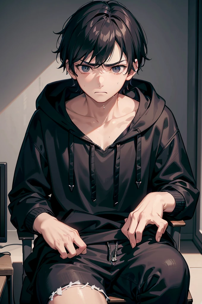 gloomy atmosphere, realistic rendering, 4K resolution, HDR enhancement, a teenage boy, cute face, black hair, black eye, grumpy face, nervous look, defiant but sad eyes, wears a black hoodie, in a room, sitting on a gaming chair, hand on his chin.
