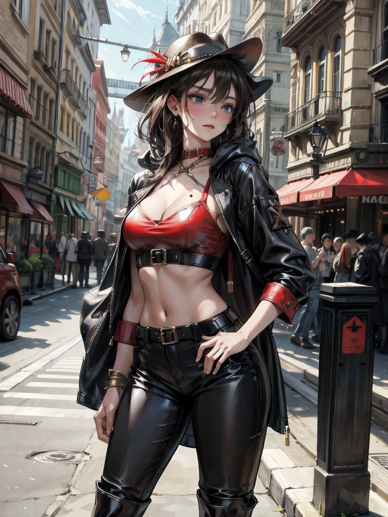 absurdres, RAW photo, extremely delicate and beautiful, masterpiece, Best Quality, ultra high resolution, 32k, hyperrealistic, ultra-detailed, in her 20s, delicate facial features, tearful mole, earring, medium breasts, full body shot, shorter middle hair, black hair, cool cowgirl, fantasy adventurer, cowboy hat, decorated hooded armor jacket, cross belt, Brown leather pants, Red leather long boots, 