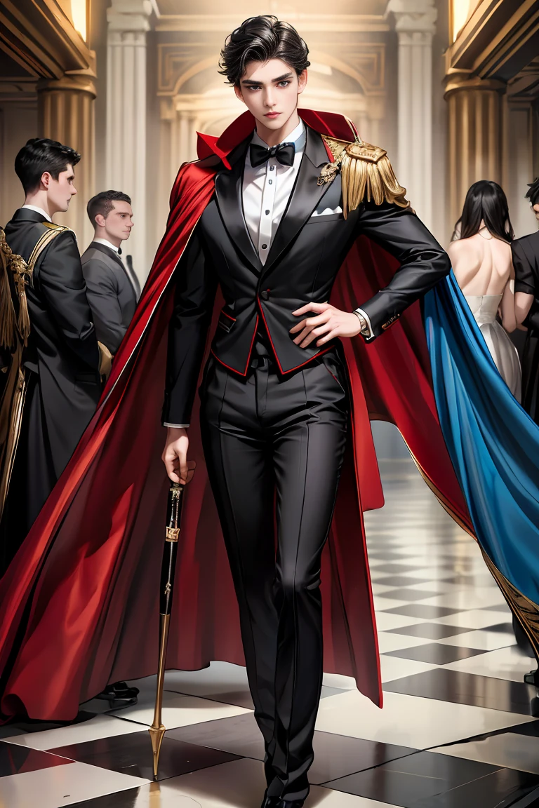 
masterpiece, 最high quality, high quality, 1 boy, alone, Male focus, Watching the audience,  Messy black hair, Adorable big blue eyes, White people, Noble, Noble,Sexy voluminous black and red cape、Tuxedo、A very voluminous, large, very large, very large, long, long red and black cape with a high stand-up collar, reaching down to the floor, made of a lot of fabric., ,Cute beautiful boys,Cute, cute, kind, handsome guy