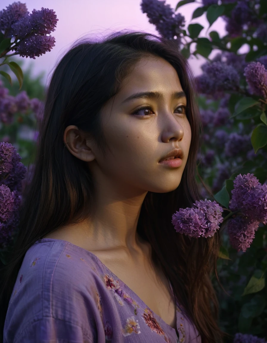 art by Rashad Alakbarov, Varied tall Inti, asian girl, Weary, Skilled hair, Lilac in background, at Dusk, deep focus, Ultrarealistic, Manic, Sunlight, 80mm, Floral motifs, Concept artist, Photorealistic Cinematic lighting 4K quality super realistic detailed photo style cinematic 35mm rich deep colors masterpiece ultra high resolution photorealism 8k hyper realism fujifilm