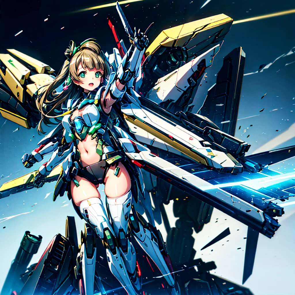 masterpiece, high quality, Cyborgization、Destroyed gynoid cyborg body、The face is of Minami Kotori.、Girl-type mechanical body、Mecha Cyborg Girl、Single, frontal composition、Single image、from front, full body、Mechabare、The body is destroyed, exposing the precision machinery、Barcode on thigh、Inside the Institute、The repair being carried out