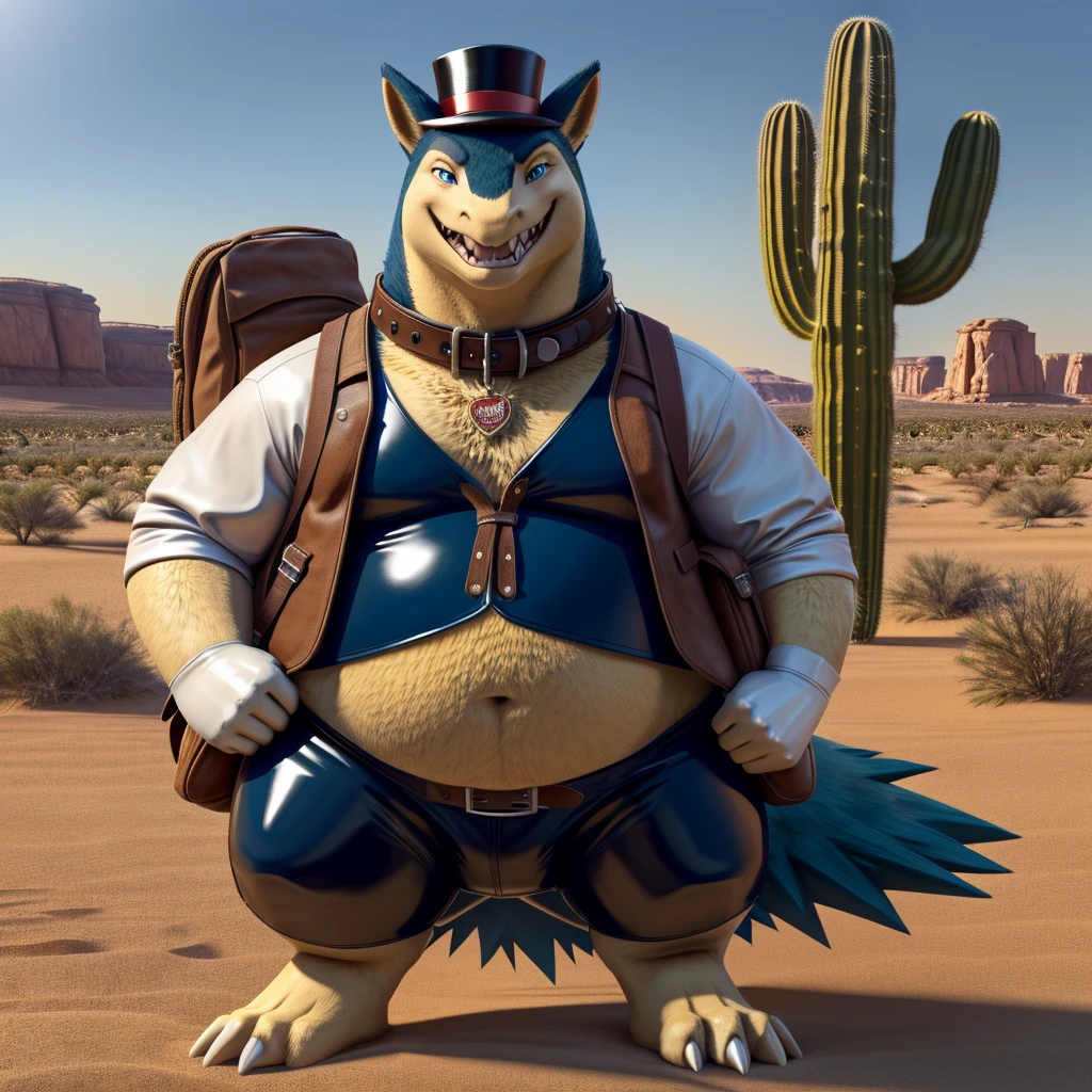 Male, fat, extremely obese, Typhlosion, blue eyes, (posing:1.3), (soft shading), 4k, hi res, ((detailed face, detailed)), looking at viewer, evil grin, desert, cactus, shirt, top hat, male focus, Explorer Outfit, glasses, bag, vest, backpack, sleeves rolled up, round eyewear, brown headwear, brown vest, Typhlosion is wearing a glossy leather dog collar around the neck, Typhlosion is wearing the leather collar and shirt and vest at the same time, Typhlosion is wearing glossy white rubber gloves on the hands, wearing white rubber spats on the feet, gloves and spats are rubber in texture, clenching teeth, clenching fists, leather collar is glossy and shiny with a lot of detail.