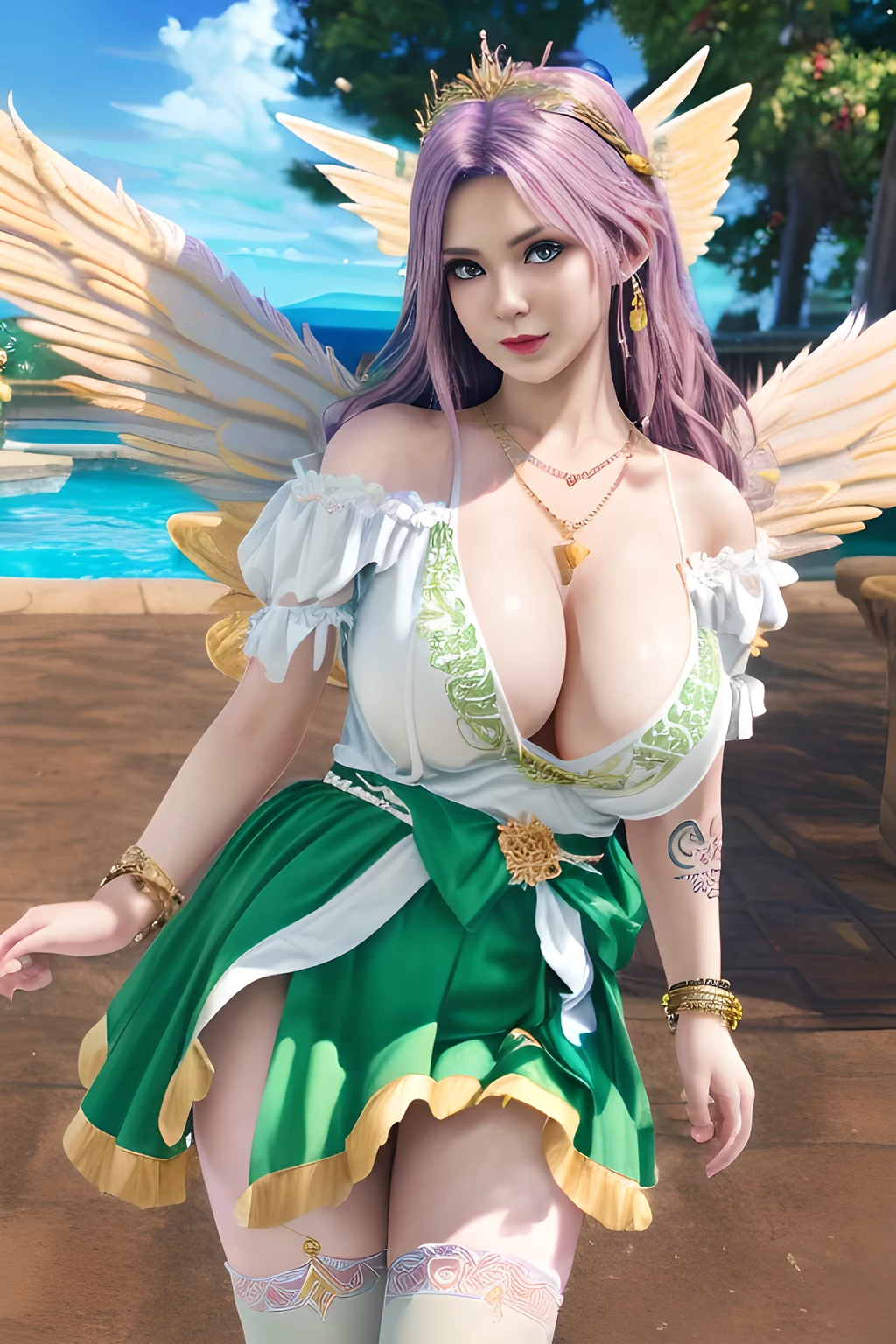 1 girl,(dressed in a fantasy costume resembling a fairy or angel. The character is adorned with large, white wings on their back, wearing a white and light-colored outfit with floral decorations and a green sash around the waist. They are accessorized with a tiara, necklace, bracelets, and lace-top stockings. The background features a tropical setting with a pool, palm trees, and flowers. The character's pose exudes playfulness,  dynamic stance,,open lips,charming smile,((huge breasts), shiny skin,Detailed hair,(tattooed:1.2),((8k, RAW photos, top quality, masterpieces)), high-definition RAW color photos professional photos, (realistic, photorealism: 1.37), (highest quality), (best shadows), ( ultra high resolution, high-definition CG unified 8K wallpapers, physically based rendering, movie lighting),elise