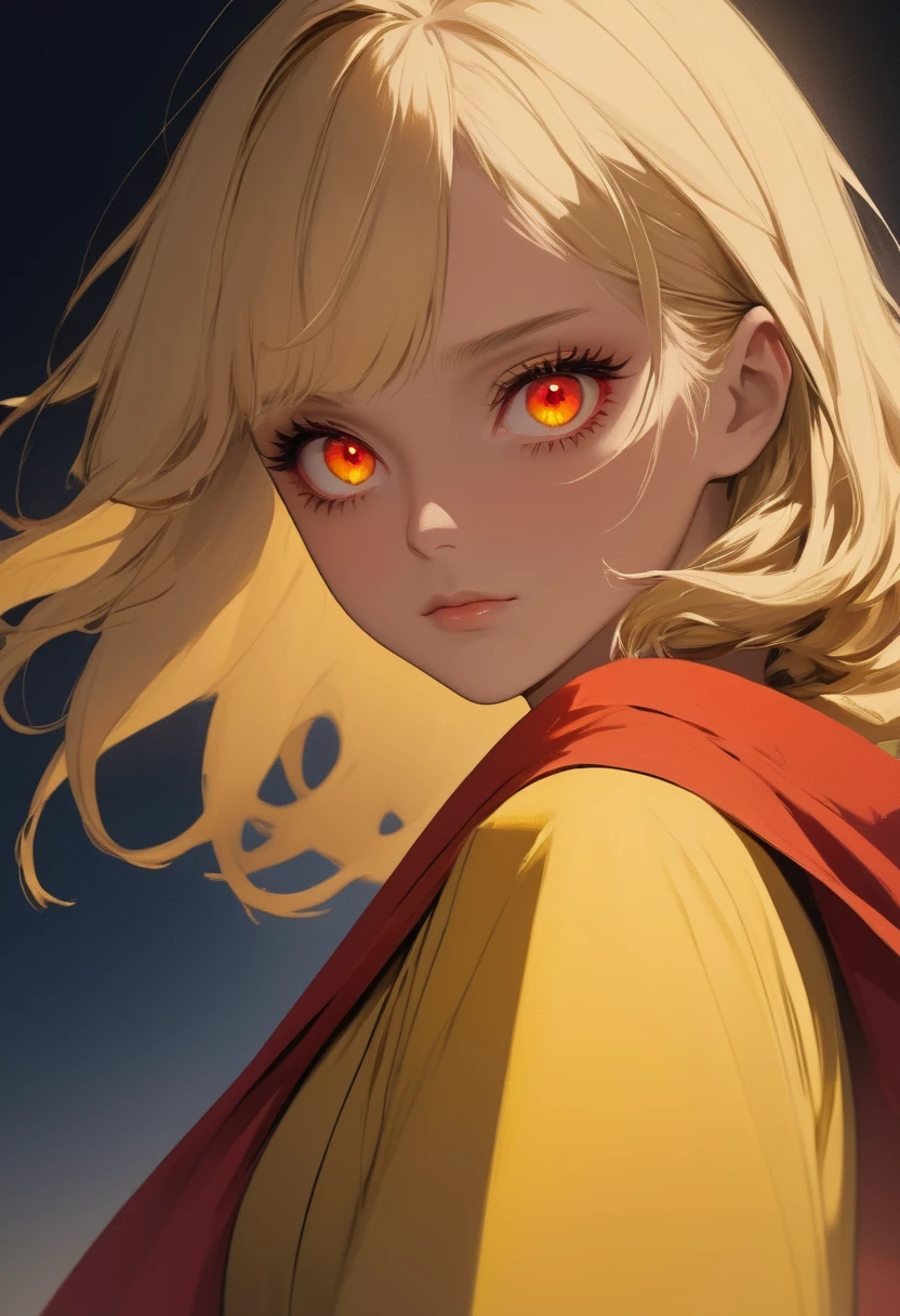 masterpiece , night , close up , beauty , blonde hair , red eyes , yellow robe , sinozick style