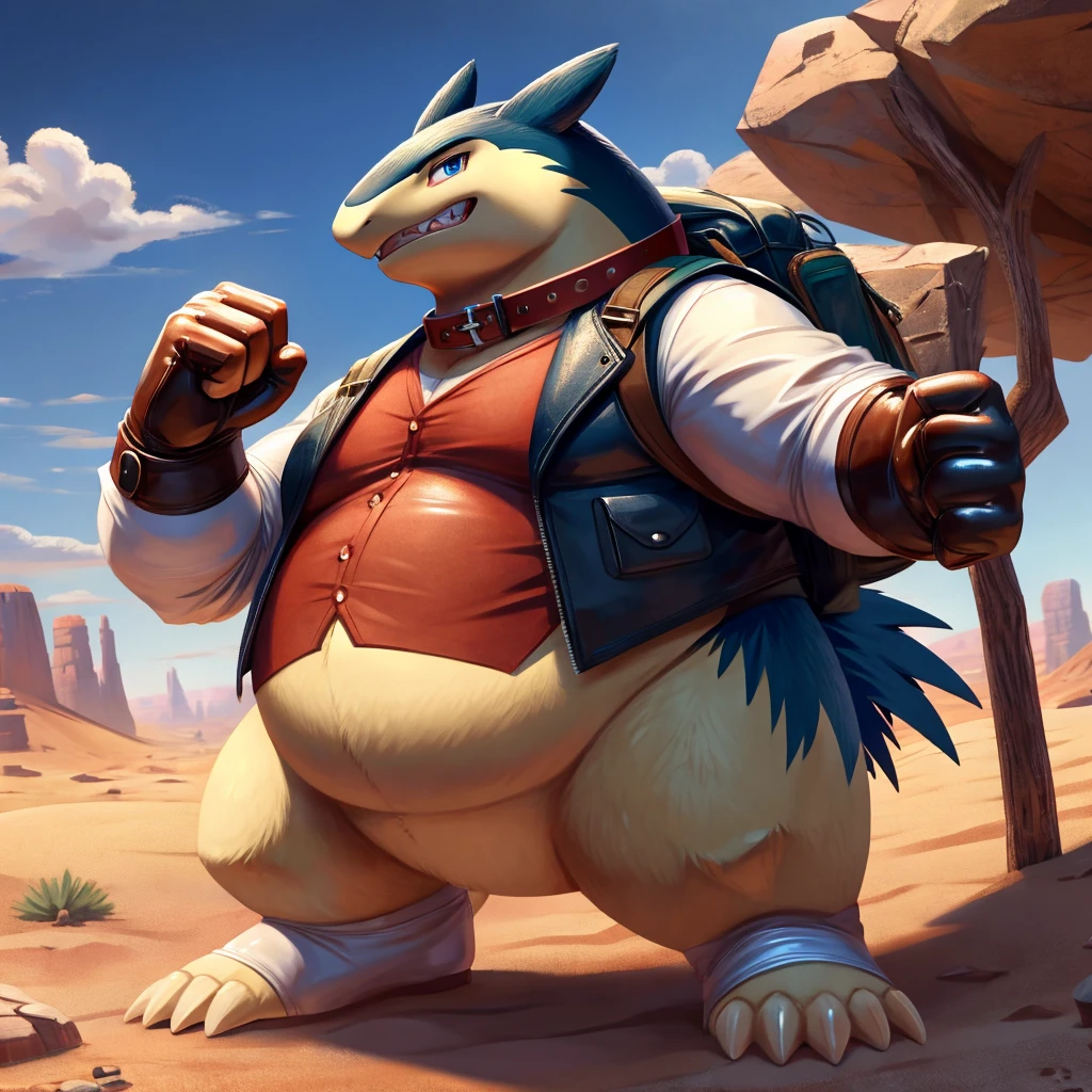 Male, fat, extremely obese, Typhlosion, blue eyes, (posing:1.3), (soft shading), 4k, hi res, ((detailed face, detailed)), looking at viewer, evil grin, desert, cactus, shirt, top hat, male focus, Explorer Outfit, glasses, bag, vest, backpack, sleeves rolled up, round eyewear, brown headwear, brown vest, Typhlosion is wearing a glossy leather dog collar around the neck, Typhlosion is wearing the leather collar and shirt and vest at the same time, Typhlosion is wearing glossy white rubber gloves on the hands, wearing white rubber spats on the feet, gloves and spats are rubber in texture, clenching teeth, clenching fists, leather collar is glossy and shiny with a lot of detail.