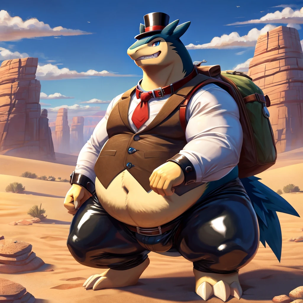 Male, fat, extremely obese, Typhlosion, blue eyes, (posing:1.3), (soft shading), 4k, hi res, ((detailed face, detailed)), looking at viewer, evil grin, desert, cactus, shirt, top hat, male focus, Explorer Outfit, glasses, bag, vest, backpack, sleeves rolled up, round eyewear, brown headwear, brown vest, Typhlosion is wearing a glossy leather dog collar around the neck, Typhlosion is wearing the leather collar and shirt and vest at the same time, Typhlosion is wearing glossy white rubber gloves on the hands, wearing white rubber spats on the feet, gloves and spats are rubber in texture, clenching teeth, clenching fists, leather collar is glossy and shiny with a lot of detail.