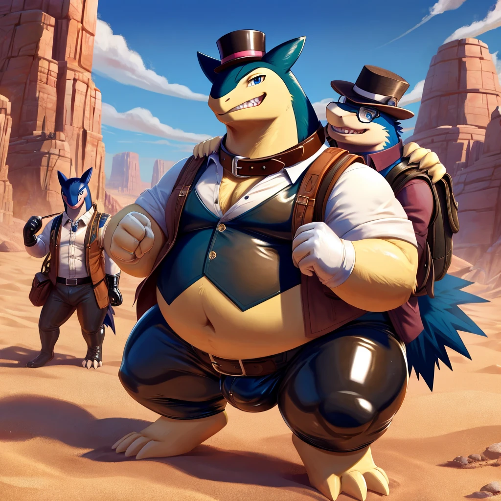 Male, fat, extremely obese, Typhlosion, blue eyes, (posing:1.3), (soft shading), 4k, hi res, ((detailed face, detailed)), looking at viewer, evil grin, desert, cactus, shirt, top hat, male focus, Explorer Outfit, glasses, bag, vest, backpack, sleeves rolled up, round eyewear, brown headwear, brown vest, Typhlosion is wearing a glossy leather dog collar around the neck, Typhlosion is wearing the leather collar and shirt and vest at the same time, Typhlosion is wearing glossy white rubber gloves on the hands, wearing white rubber spats on the feet, gloves and spats are rubber in texture, clenching teeth, clenching fists, leather collar is glossy and shiny with a lot of detail.