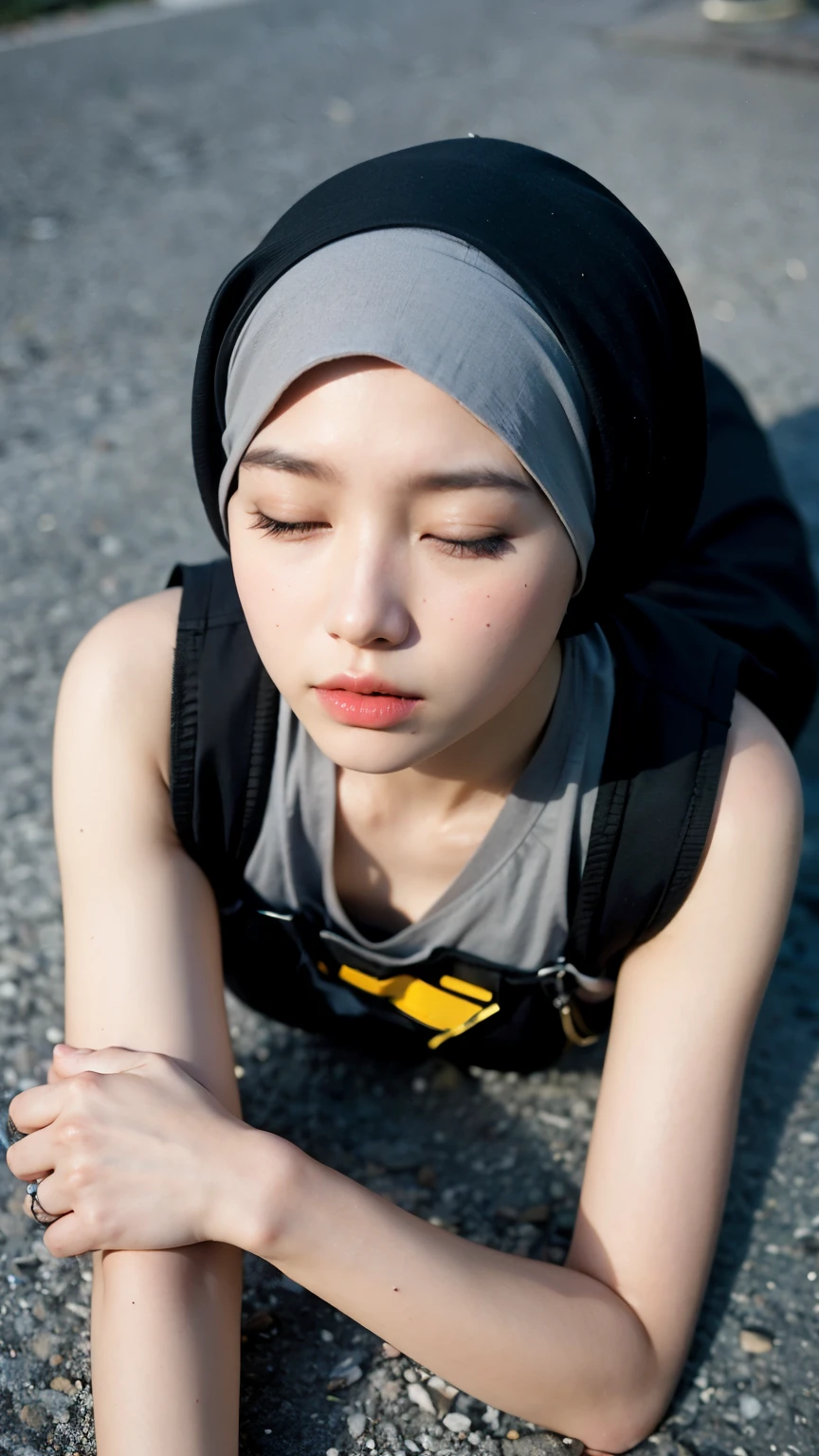 A young chinese woman, Best image quality, Excellent details, Ultra-high resolution, (realism: 1.4), ((painfull Shot:1.2)), Best illustrations, Favorite Details, A very condensed woman, 20 years old, Beautiful and delicate facial features, Perfect Proportions, ((From above)),((((Lie on your back on the ground, Close ~ eyes,defeat,painfull)))),Curved Breasts, Chubby:0.2, ((A body like a beauty woman)),((I like wearing hijab suits, Black and grey mech, Military Harness)), The background is a red carpet