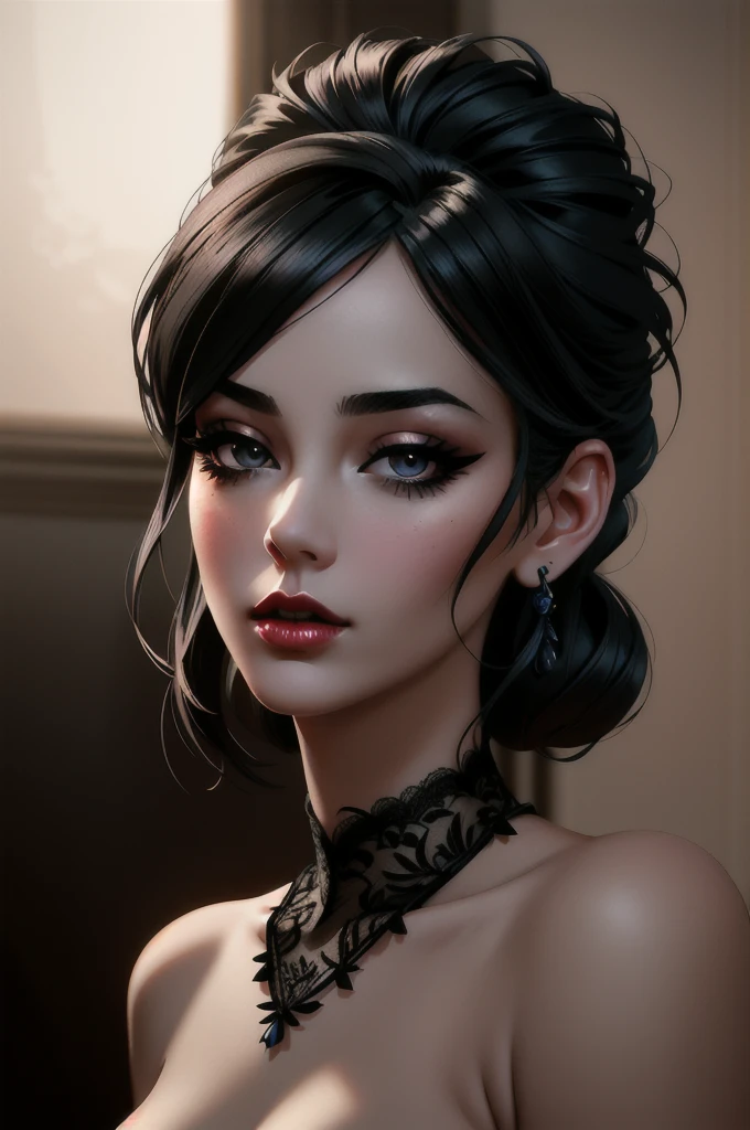 a beautiful young woman wearing a black lace thong, detailed facial features, perfect skin, lush lips, long eyelashes, elegant posture, sensual expression, dramatic lighting, cinematic angles, moody atmosphere, dramatic chiaroscuro, warm color palette, photorealistic, 8k, best quality, highly detailed