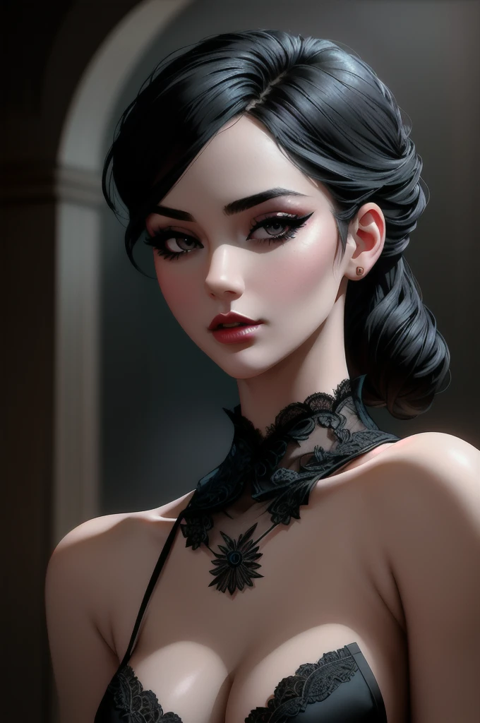 a beautiful young woman wearing a black lace thong, detailed facial features, perfect skin, lush lips, long eyelashes, elegant posture, sensual expression, dramatic lighting, cinematic angles, moody atmosphere, dramatic chiaroscuro, warm color palette, photorealistic, 8k, best quality, highly detailed