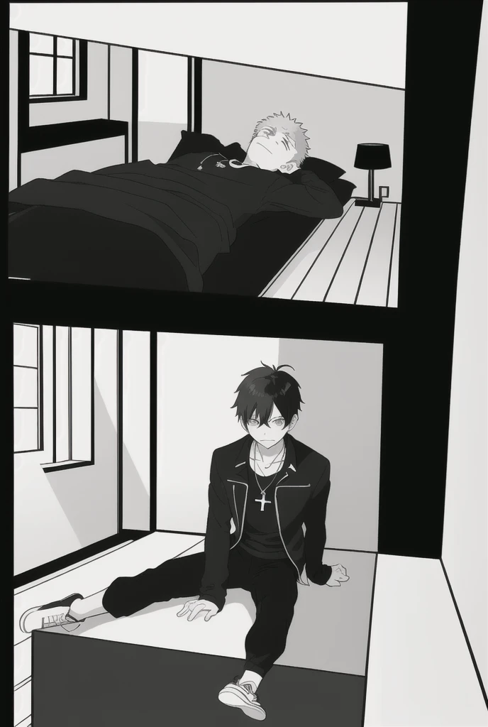(((manga page, blank page layout))), empty manga panels, panels, dynamic lines, webcomic, manga page, blank page, manga layout, panels, manga panels, page layout, thick lines, sharp lines, high contrast, clean lines, angles, geometry, monochrome (((white boxes with black borders)))
character: a boy with black hair, eyes, a white shirt with a graphic design, over the shirt he wears a black jacket, black pants, black sneakers with white laces, around his neck a black necklace with a silver cross pendant.
first vignette: the boy is lying on his bed in his room with a bored expression, it is night.
second vignette: the boy gets out of his bed
third vignette: he leaves his room heading down the stairs.
fourth vignette: with a confused expression he realizes that his house is alone and dark.