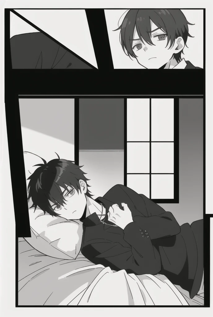 (((manga page, blank page layout))), empty manga panels, panels, dynamic lines, webcomic, manga page, blank page, manga layout, panels, manga panels, page layout, thick lines, sharp lines, high contrast, clean lines, angles, geometry, monochrome (((white boxes with black borders)))
character: a boy with black hair, eyes, a white shirt with a graphic design, over the shirt he wears a black jacket, black pants, black sneakers with white laces, around his neck a black necklace with a silver cross pendant.
first vignette: the boy is lying on his bed in his room with a bored expression, it is night.
second vignette: the boy gets out of his bed
third vignette: he leaves his room heading down the stairs.
fourth vignette: with a confused expression he realizes that his house is alone and dark.