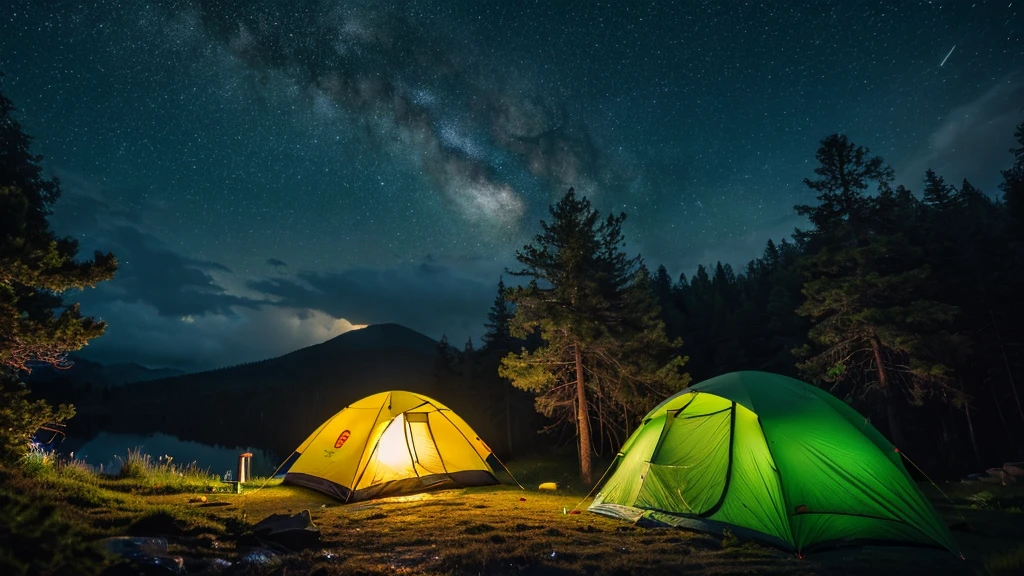 (masterpiece, 8K, UHD, photo-realistic:1.3), camping ground during heavy rain at night, cloudy, there are several camping tents, in the middle of a dense pine forest during heavy rain at night, the atmosphere is dark during heavy rain at night