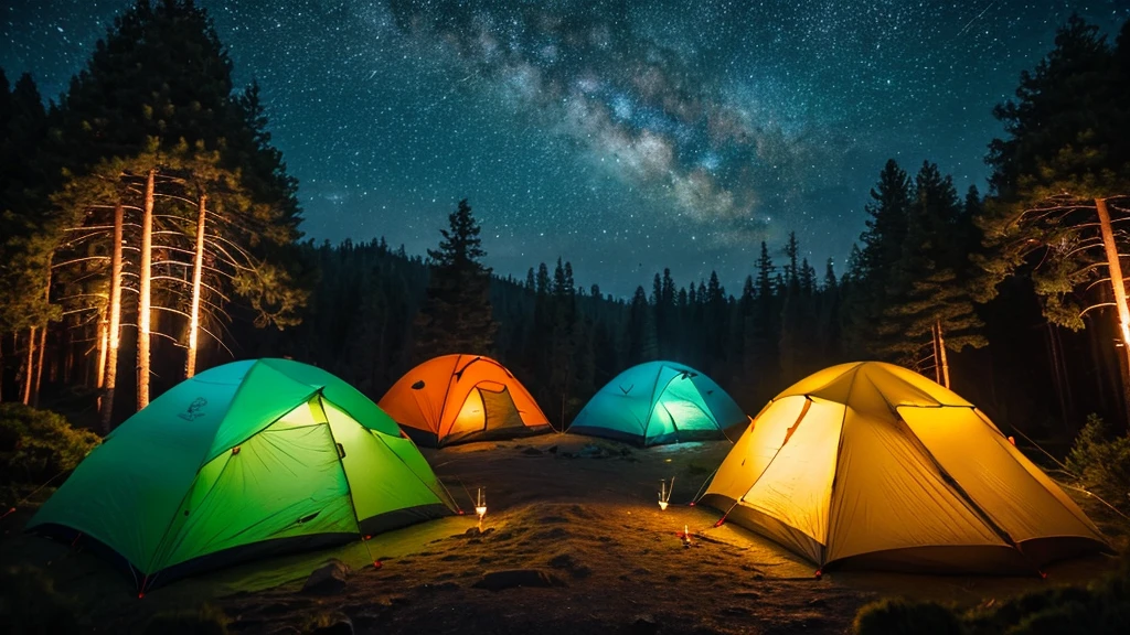 (masterpiece, 8K, UHD, photo-realistic:1.3), camping ground during heavy rain at night, cloudy, there are several camping tents, in the middle of a dense pine forest during heavy rain at night, the atmosphere is dark during heavy rain at night