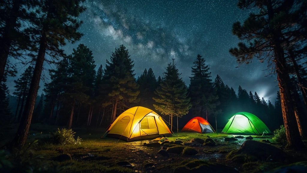(masterpiece, 8K, UHD, photo-realistic:1.3), camping ground during heavy rain at night, cloudy, there are several camping tents, in the middle of a dense pine forest during heavy rain at night, the atmosphere is dark during heavy rain at night