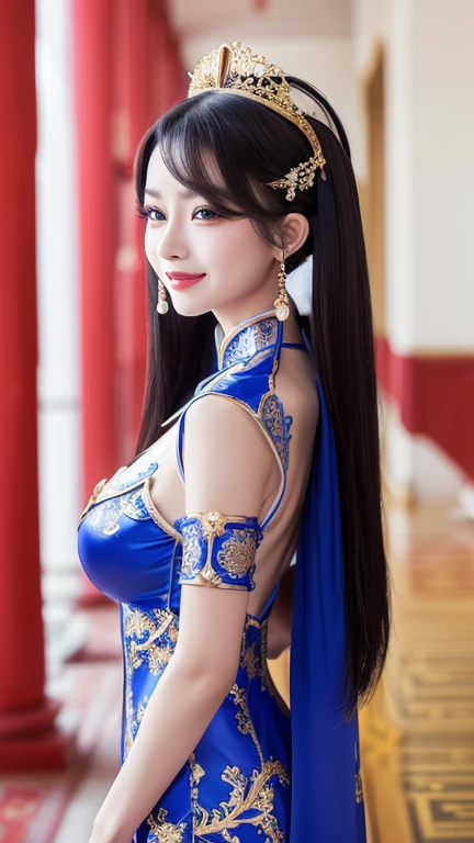 (((Chinese Beauty)))、((Angle of view from the side))、(Look back here)、21 years old、(Very heavy makeup:1.3)、(Slanted Eyes:1.4)、(long narrow eyes:1.4)、Shiny Hair、Glowing Skin、Very white skin、Jet Black Hair、Straight long hairstyle、Waist-length hair、Big eyes、Double eyelids、Luxury Chinese palace、(Standing in the palace corridor)、(Golden luxurious hair ornament)、(((Patterned costume of a Chinese queen)))、Luxurious and gorgeous、(huge breast:1.3)、(Exposed Skin:1.4)、(Smile with your mouth closed)、Transparent white cloth、(((Royal Blue Costume)))