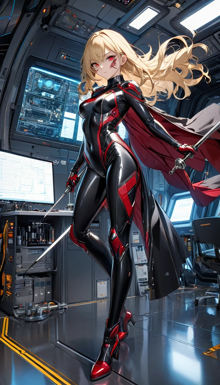 best quality, super fine, 16k, incredibly absurdres, extremely detailed, 2.5D, delicate and dynamic depiction, beautiful woman with a large stitched scar on her face, Narrow face, straight blonde hair, sharp slit eyes, red and black seamless shiny combat full body suit, long cape, rapier, background analyzer lab room inside the spacecraft